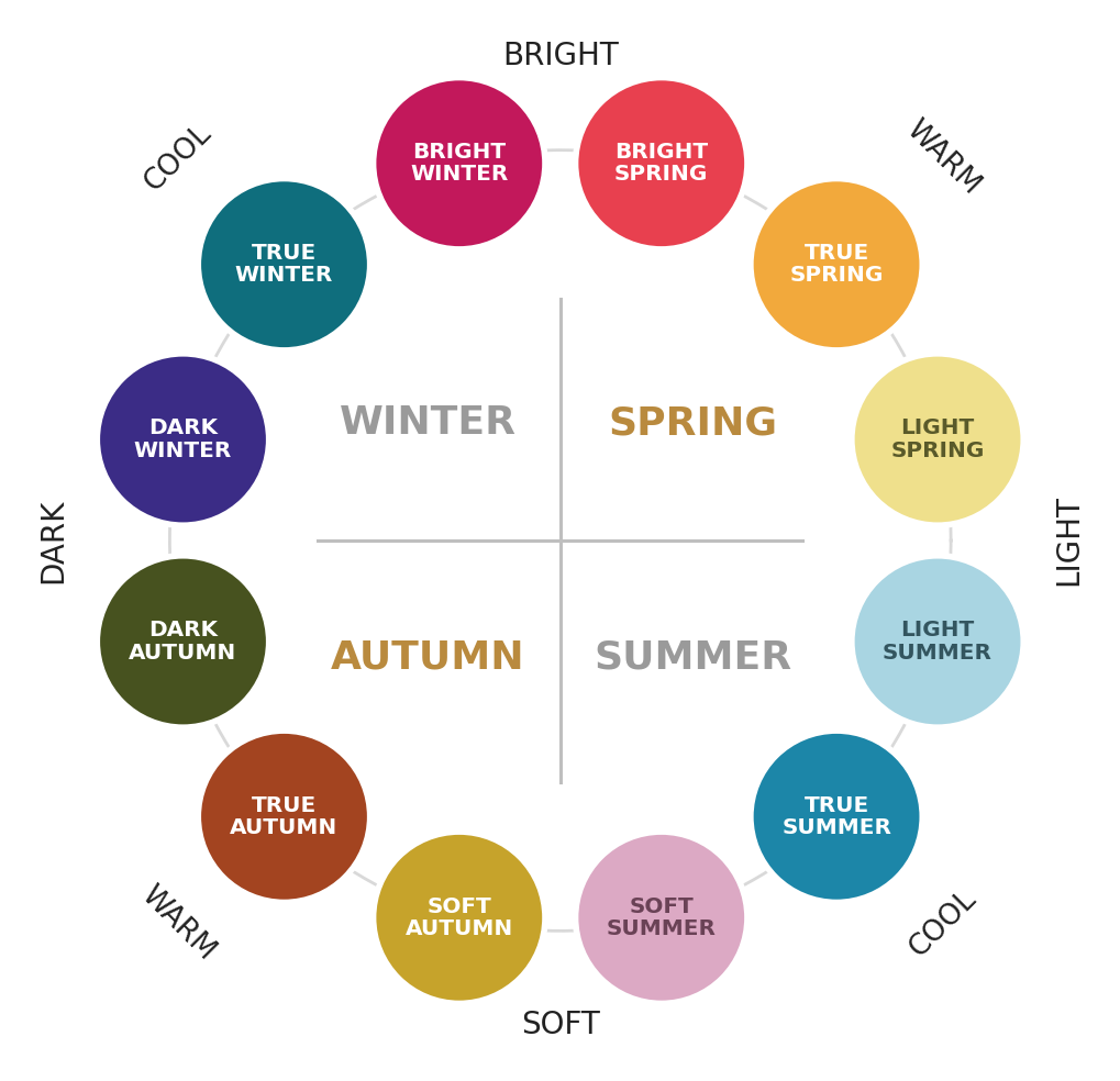 The twelve seasonal colour families, arranged by warm, cool, light, dark, bright and soft